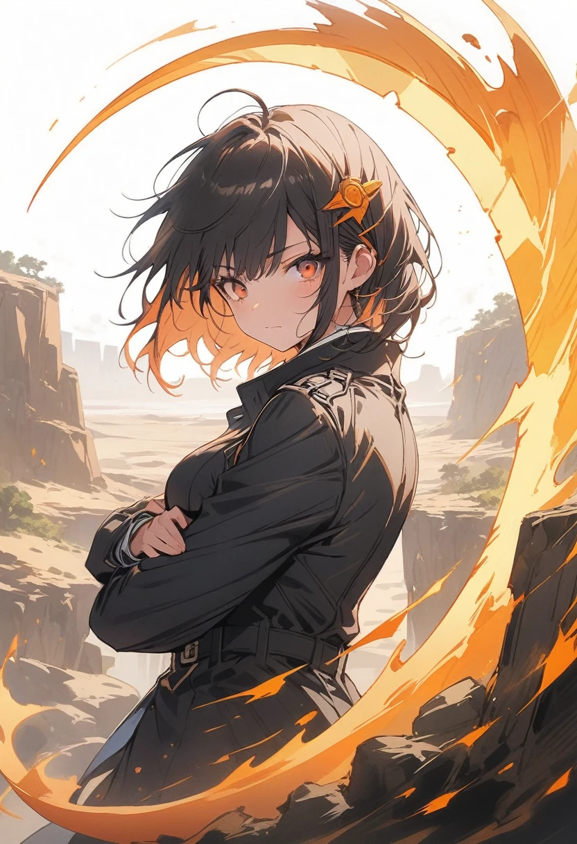 best_quality, hi_res, masterpiece, absurd_res Highly_detailed, 4k, high_detail, detailed_background,, (masterpiece:1.2), best quality,midjourney, 1girl, solo, short hair, black hair, looking at viewer, long sleeves, black suit, white shirt, bangs, hair ornament, heterochromia, purple and orange eyes, (wasteland desert background), closed mouth, stern_expression, Full body, (standing_on_the_edge_of_a_cliff), (raised_arms), front_view, bright_sky, cliff, (holding futuristic scythe), (detailed_face), (detailed_eyes), (long_black_trench_coat), windy, (orange_aura). Leave room at the top or bottom for book title