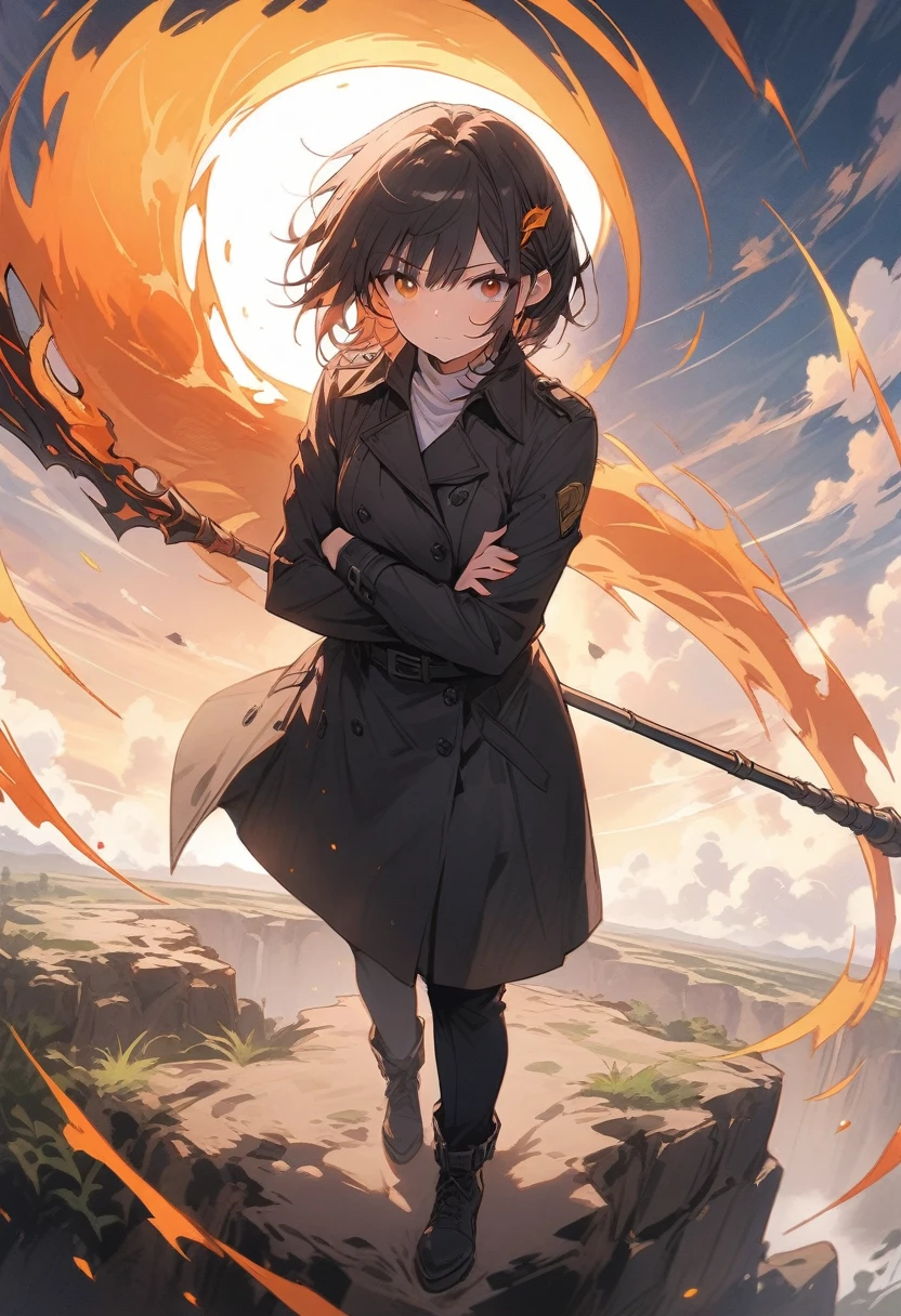 best_quality, hi_res, masterpiece, absurd_res Highly_detailed, 4k, high_detail, detailed_background,, (masterpiece:1.2), best quality,midjourney, 1girl, solo, short hair, black hair, looking at viewer, long sleeves, black suit, white shirt, bangs, hair ornament, heterochromia, purple and orange eyes, (wasteland desert background), closed mouth, stern_expression, Full body, (standing_on_the_edge_of_a_cliff), (raised_arms), front_view, bright_sky, cliff, (holding futuristic scythe), (detailed_face), (detailed_eyes), (long_black_trench_coat), windy, (orange_aura). Leave room at the top or bottom for book title