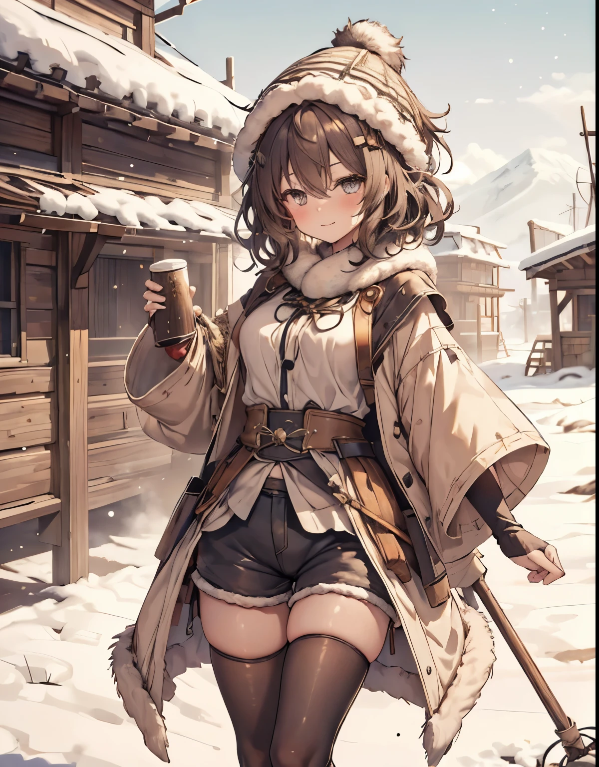 masterpiece, 1girl, sparrow, a brown haired girl, wearing a eskimo clothes, curly short hair, messy hair, slim body, he close her left eye, shirt ornament, ruby eyes, ahoge, baby face, medium breast, beautiful breasts, rounded breasts, long sleeves, beautiful eyes, white stocking, droopy eyes, her age is 19 years old, azusa_bluearchive, seductive face, medium hair, seductive smile, curly hair, tight shorts, furry winter hat, snow field, MongolPunkAI