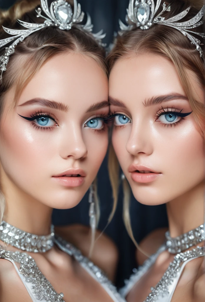 Crystal twins, aesthetic and sensual style, 3/4 shot angle, (crystalline skin:1.2), ((radiant eyes)), piercing gaze, long lashes, depth of field