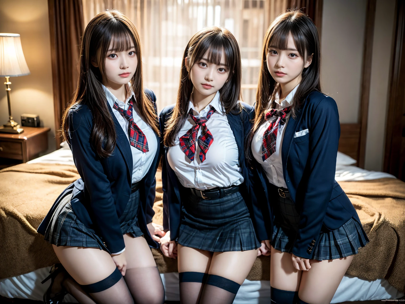 (8K, Raw photography, top-quality, masterpiece:1.2), master piece, best quality, illustration, Super detailed, fine details, High resolution, 8K,wall paper, perfect dynamic composition,(Details High quality, realistic depiction of eyes:1.3), ((2 girls, 2 schoolgirls)), The background is a luxury hotel room、High school girl uniform、blazer 、Super Short Check Uniform Skirt、Navy blue high socks、garterbelts、Colossal tits、Disturbed uniform, Play with each other,Touching each other's bodies,Touching the body of the girl next door, short bob hair, black hair color, huge breasts, Big Natural Color Lip, bold sexy pose, (perfect body shape), crying a little、cold gaze, Beautiful makeup,glitter makeup,Cutest 18 years old, beautiful legs, hposing Gravure Idol, Voluptuous thighs
