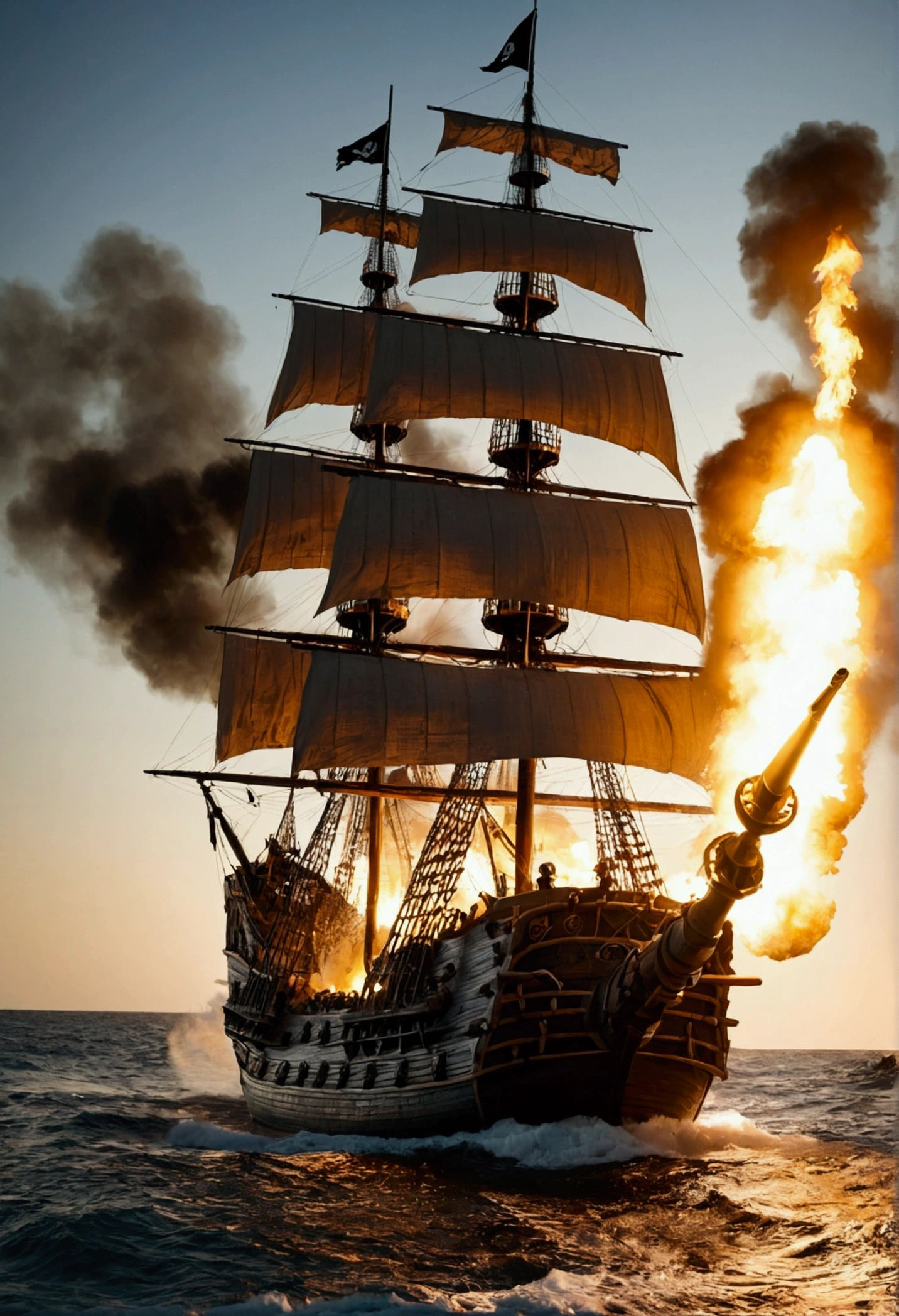 a pirate ship firing its cannons against another pirate ship