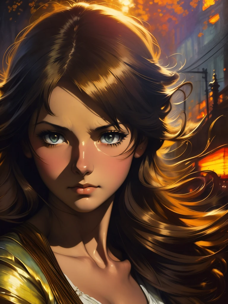 ((Solo Beautiful Australian woman with dark skin and striking eyes)),  shadowed interior background, art by akihiko yoshida, manga art style, colorfield illustration, Scary atmosphere, global illumination, by frank frazetta, art by goro fujita, glamour shot, banner, blur, anime key visual, (blue, yellow and grey colors), dramatic photo, anime girl, Intricate details, chiaroscuro, pino daeni, impressionist (best quality, masterpiece)
