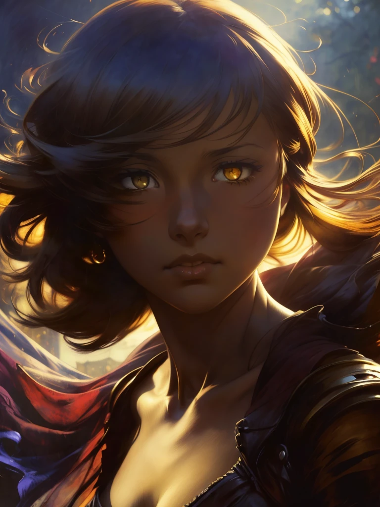 ((Solo Beautiful Australian woman with dark skin and striking eyes)),  shadowed interior background, art by akihiko yoshida, manga art style, colorfield illustration, Scary atmosphere, global illumination, by frank frazetta, art by goro fujita, glamour shot, banner, blur, anime key visual, (blue, yellow and grey colors), dramatic photo, anime girl, Intricate details, chiaroscuro, pino daeni, impressionist (best quality, masterpiece)