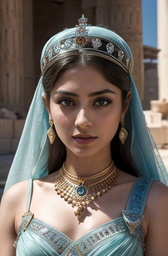 Zenobia、Queen of the 3rd century Palmyra Empire。The Most Distinguished Pious Queen、Septimia=Bato=Bye。Syrian Beauty of the 3rd Century。Queen's costume from the 3rd century、accessories。Intellectual atmosphere、Aura of rulers。Slim body、Small bust。Brunette chignon hairstyle