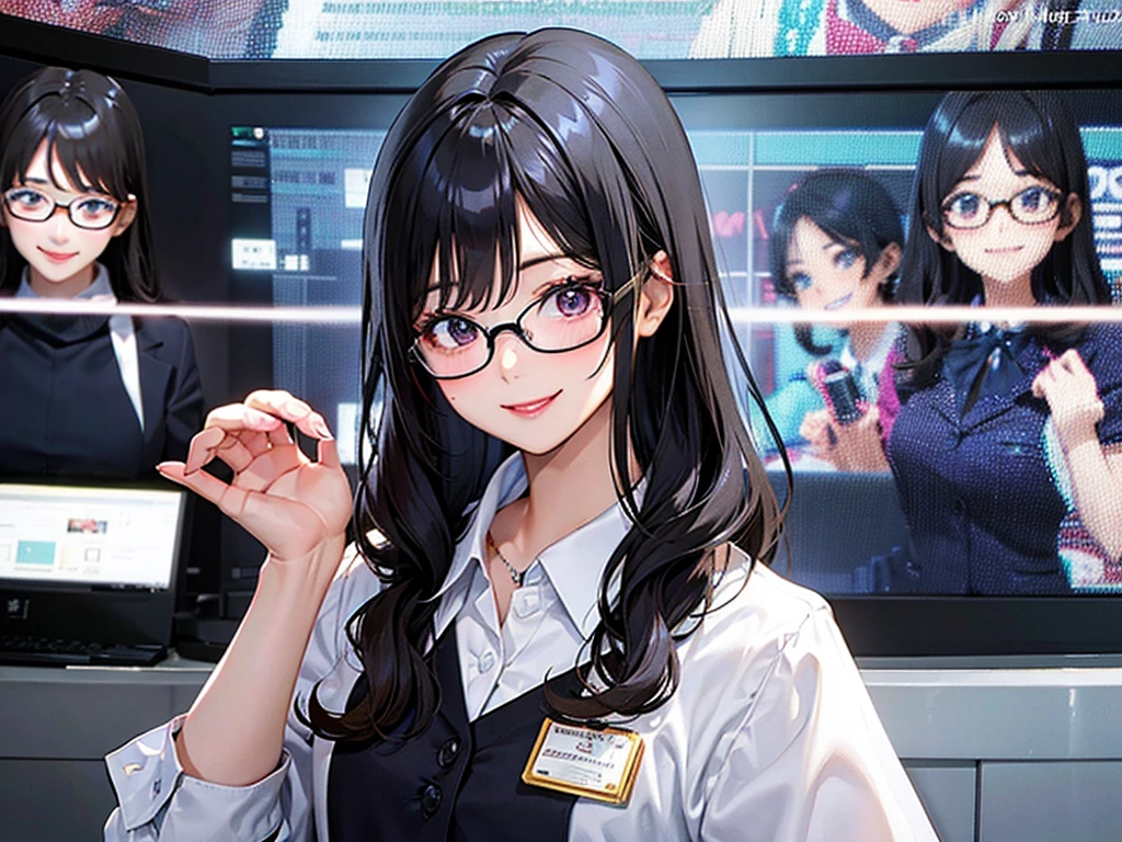 Editor, Glasses, Beautiful and smiling, Cute smile, Beautiful Korean Women, Beautiful smile, boss, work, interview, microphone, Office Lady, suit, is working, Smiling Kindly, A slightly cute smile, , work熱心, interview, microphone, OL, masterpiece, ultra detailed, woman, smart, noisy, nervous, amazed, Wink, bob, black hair