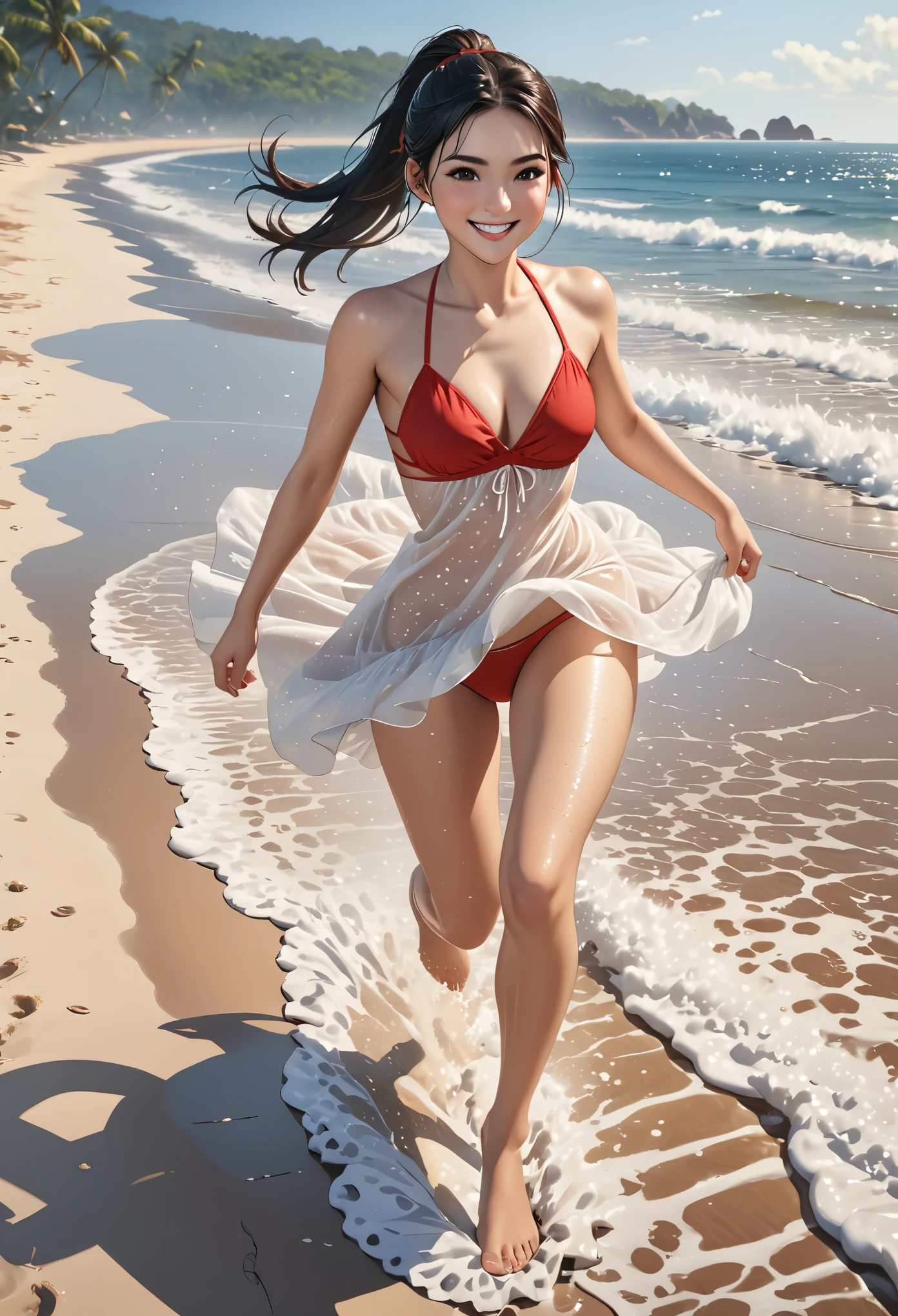 (young woman:1.5), (she wears red bikini bottom and a white slightly transparent dress), (barefoot:1.4), long black hair with ponytail, brown eyes, (cheeky smilie), detailed skin texture, (realistic skin pores, skin impurities:1.4), running on a beach, 24k resolution, highly detailed, (natural front light:0.5), (full body shot:1.3), (realistic style:1.5)