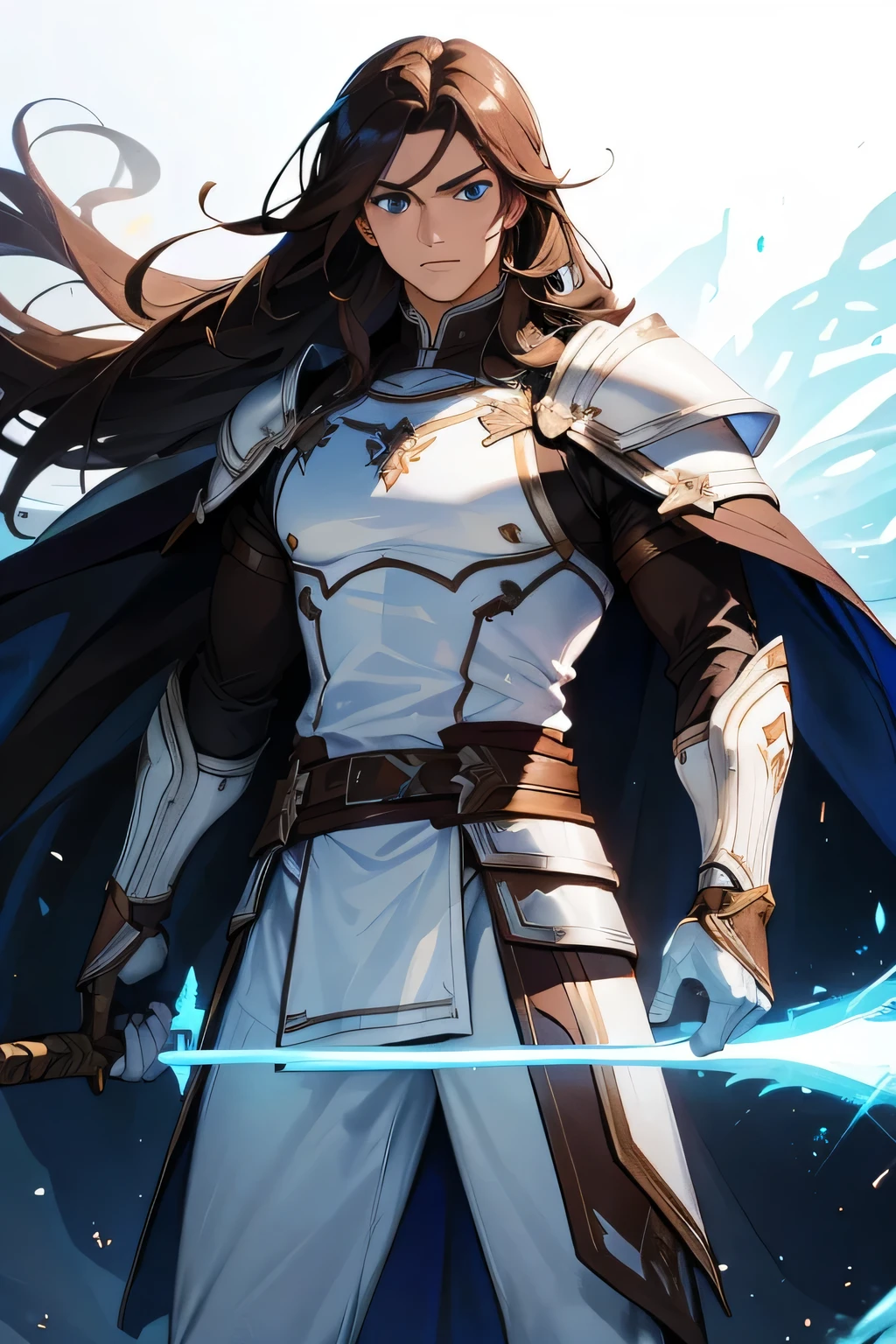 Lucian espadachin , white , man , long brown hair , blue eyes giant sword , light armor , fire sorcerer , Perfect eyes , masterpiece