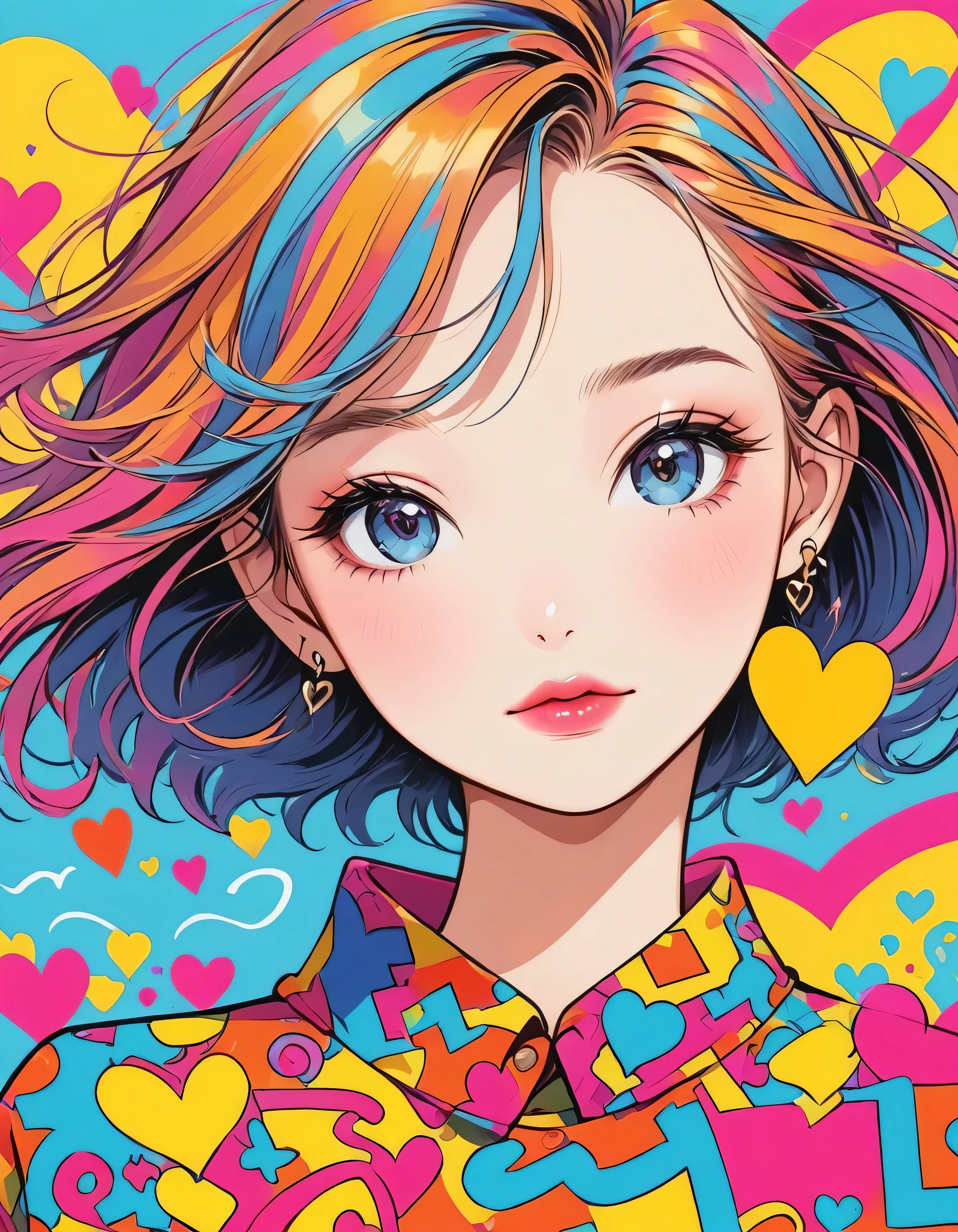 Keith Haring colorful style, Simple Line Initialism,Abstract art,Urban Background, (((The most beautiful girl of all time))), Sweet face. Lips in love, colorful hearts, stylish design