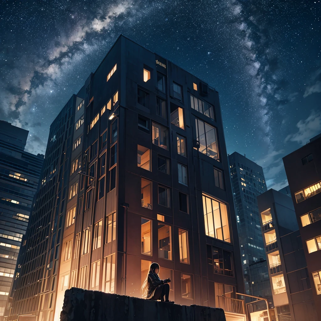 Octane, null, star (null), scenery, starry null, night, One girl, night null, alone, Outdoor, building, cloud, milky way, Sitting, wood, Long Hair, city, silhouette, cityscape  