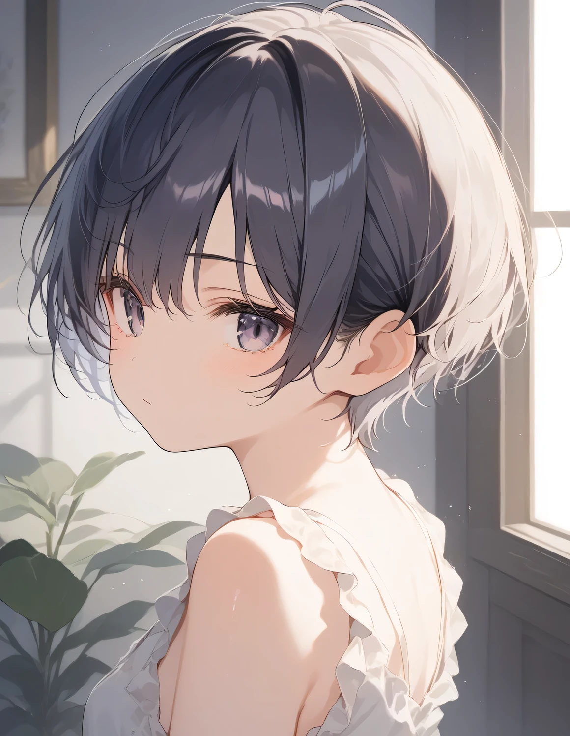 score_9, score_8_up, score_7_up, source_anime, best quality, masterpiece, official art, absurdres, highres, ultra-detailed,waifu2x,JAV Cover,break,1girl, tomboy, idol girl, very short hair, pixie cut, small breasts, beautiful detailed eyes, expressionless, sleepily, indoors, break,(clear line illustration:1.2), super detailed skin,very high resolution, very aesthetic, Best sexual lighting powered by famous artist, 8k,cute picture,beauty illustration,photoshop_(medium),,(Detailed Lighting),best anime 8k konachan wallpaper, pixiv contest winner,