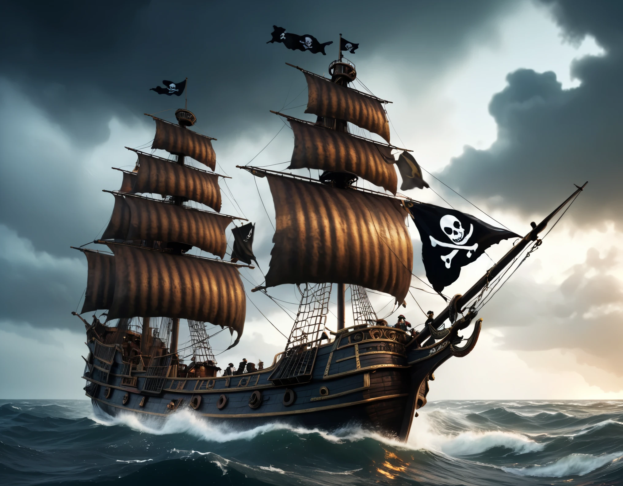 ((Pirate War)), a pirate ship on the open sea, detailed pirate crew, intense battle scene, crashing waves, dark clouds, cannon fire, dramatic lighting, gritty textures, muted color palette, highly detailed, cinematic, epic, (best quality,4k,8k,highres,masterpiece:1.2),ultra-detailed,(realistic,photorealistic,photo-realistic:1.37)