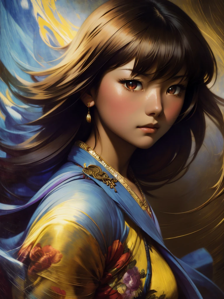 ((Solo Beautiful asian woman with dark skin and striking eyes)),  shadowed interior background, art by akihiko yoshida, manga art style, colorfield illustration, Scary atmosphere, global illumination, by frank frazetta, art by goro fujita, glamour shot, banner, blur, anime key visual, (blue, yellow and grey colors), dramatic photo, anime girl, Intricate details, chiaroscuro, pino daeni, impressionist (best quality, masterpiece)