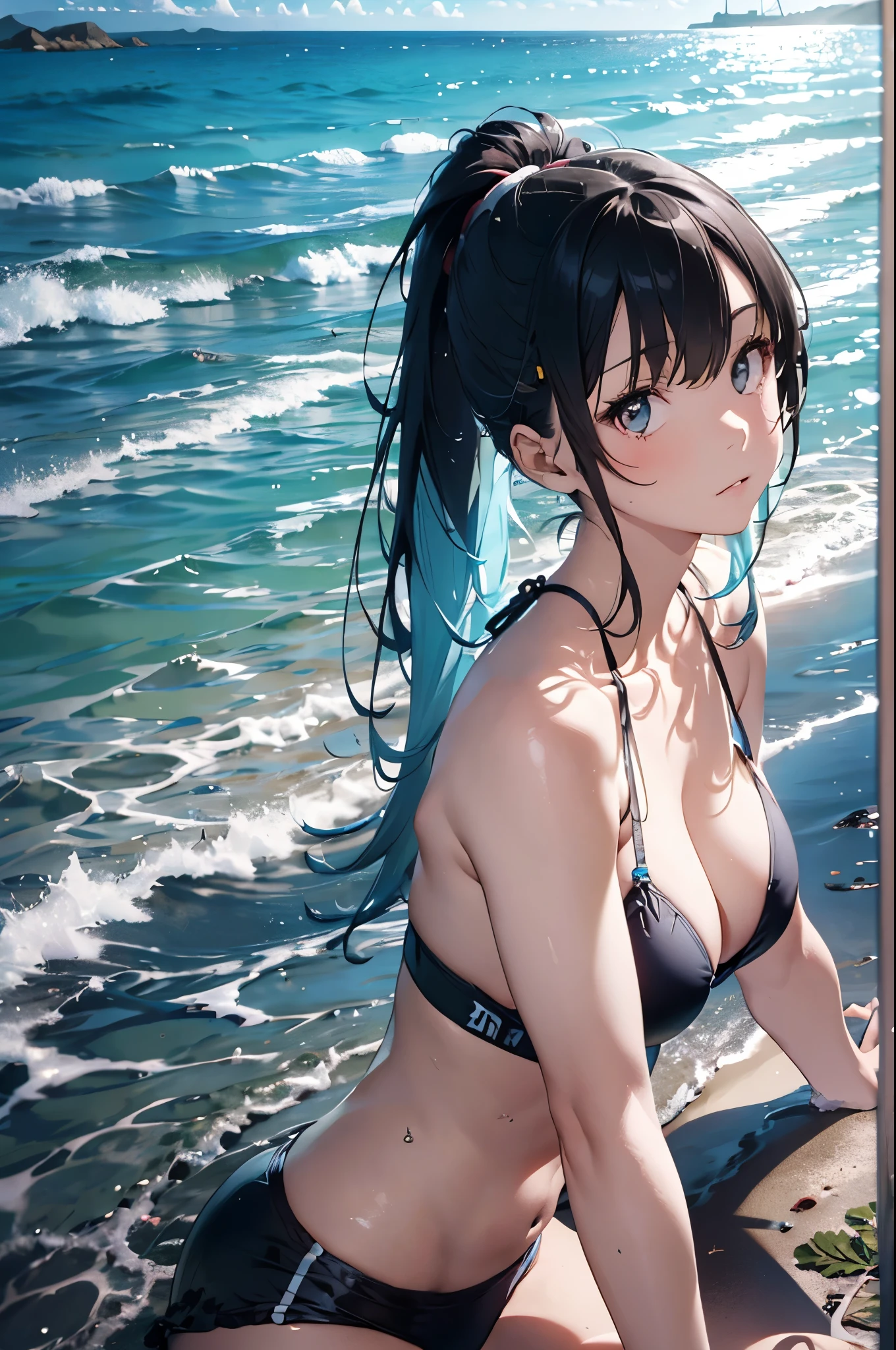 High resolution,topless、
One beautiful young woman,Light blue hair、ponytail、
(Soft Saturation:1.3), (Fair skin:1.2),
(ultra-Detailed Background, Detailed Background), Bokeh,
break'Portrait of a smiling girl.,
When viewed from the front, The composition is symmetrical,
Looking straight at you with serious eyes,
break Swimwear, White Bikini, Center of chest,
Outdoor, Sea surface, null, sunlight,Summer beach, Sandy Beach,
Strong light, Front lighting,
(:1.3), (Cowboy Shot:1.2),
Front brake angle,
View your viewers,
Dynamic pose,
sitting on the beach
Seaweed、Seaweed、Seaweed、Seaweed、Seaweed、Seaweed、Seaweed、