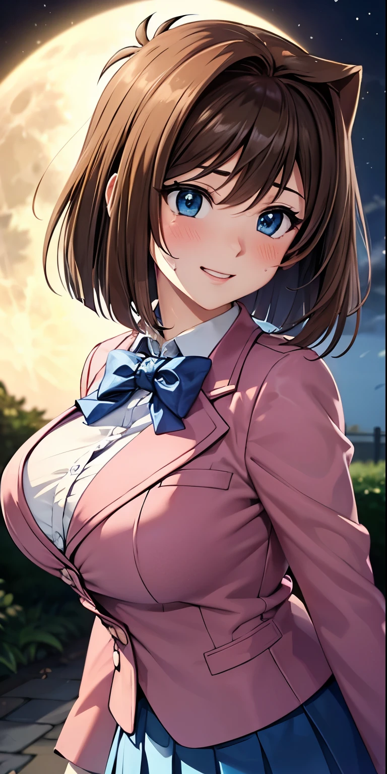 1 Female,High definition,high resolution,Ultra-realistic,8K, 8K, aamazaki, (antenna hair:1.2), blue eyes,blue bowtie, pink jacket, blazer, long sleeves, blue skirt, tight skirt, miniskirt,pleated skirt,European,sexy,Upper body close-up,Photographed from the front,Dynamic Angles,(blush), (big tits ), happy, wink the eye,facial, sweat, outdoors, moonlight, night ,leaf , windy,tree background , nipples 