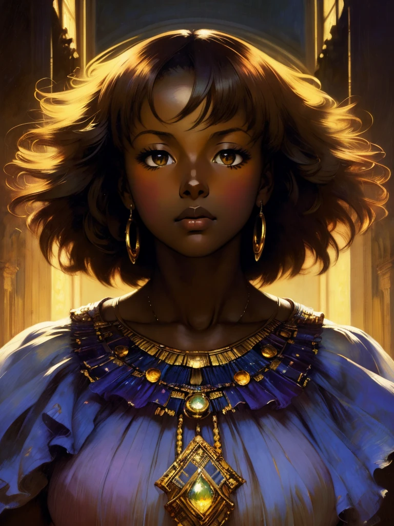 ((Solo Beautiful African woman with dark skin and striking eyes)), shadowed interior background, art by akihiko yoshida, manga art style, colorfield illustration, Scary atmosphere, global illumination, by frank frazetta, art by goro fujita, glamour shot, banner, blur, anime key visual, (blue, yellow and grey colors), dramatic photo, anime girl, Intricate details, chiaroscuro, pino daeni, impressionist (best quality, masterpiece)