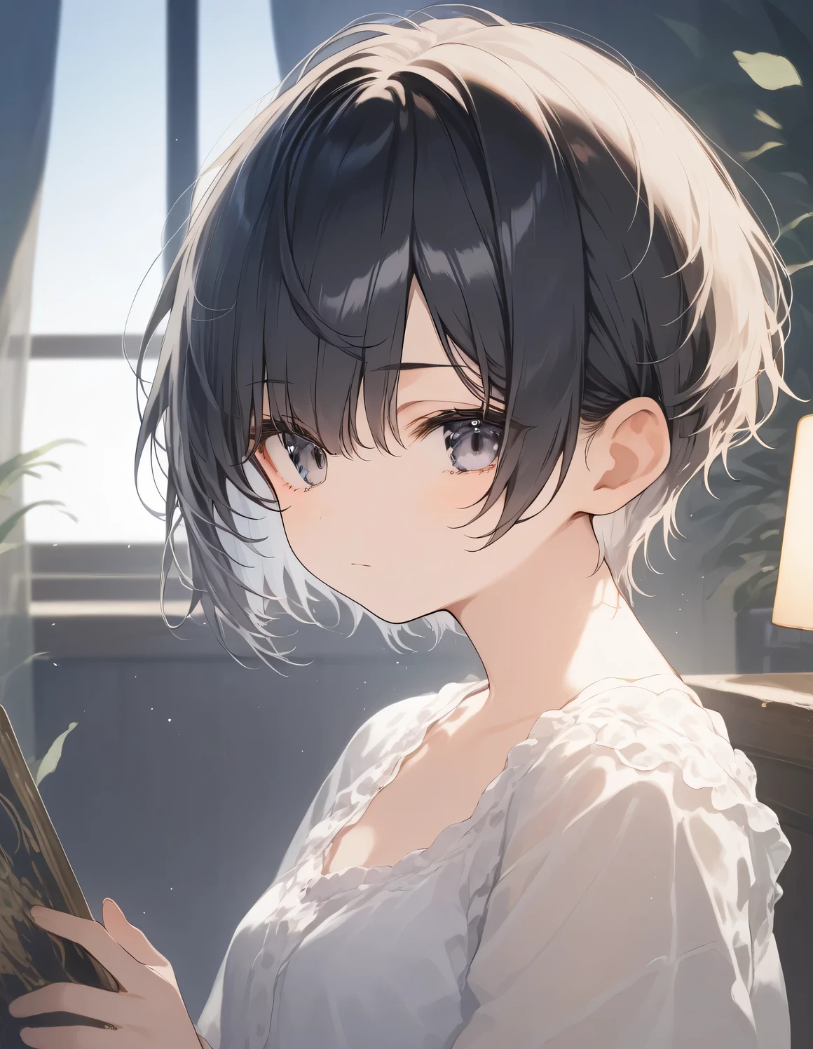 score_9, score_8_up, score_7_up, source_anime, best quality, masterpiece, official art, absurdres, highres, ultra-detailed,waifu2x,JAV Cover,break,1girl, tomboy, idol girl, very short hair, pixie cut, small breasts, beautiful detailed eyes, expressionless, sleepily, indoors, break,(clear line illustration:1.2), super detailed skin,very high resolution, very aesthetic, Best sexual lighting powered by famous artist, 8k,cute picture,beauty illustration,photoshop_(medium),,(Detailed Lighting),best anime 8k konachan wallpaper, pixiv contest winner,