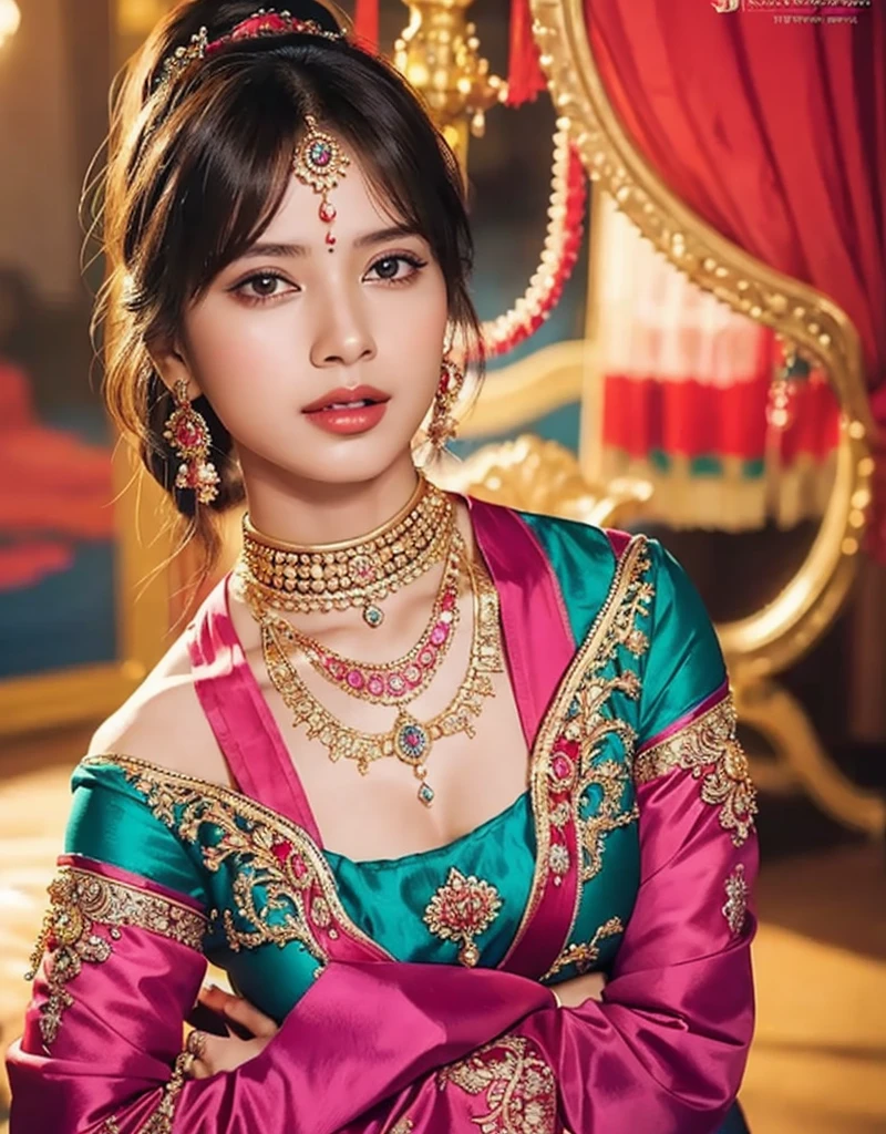 A mesmerizing vision of Indian femininity, dressed in vibrant colors and ornate jewelry, her sensual presence captured in a stunning rendering.photoreal epic realism hyper realistic