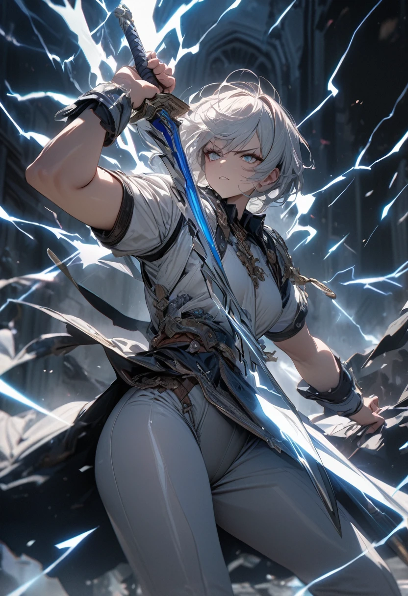 masterpiece, 8k, best quality, highly detailed, a human male wielding two white steel daggers covered in lightning