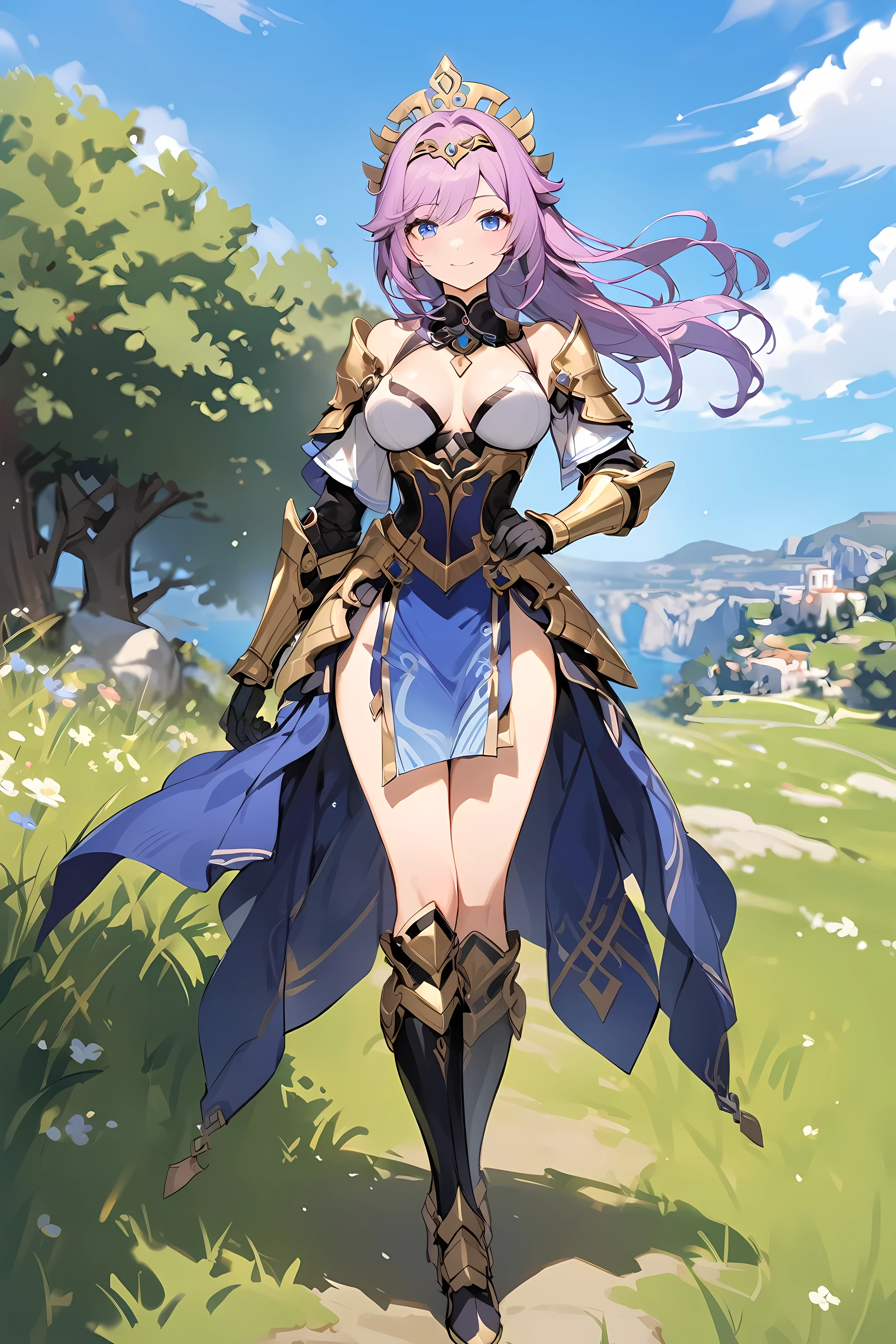 Masterpiece, 1woman, blue mini dress, armored dress, shoulder pads, cleavege, perfect body, perfect boobs, perfect face, long hair, violet hair, wing headpiece, gloves, black gloves, full gloves, armored gauntlet, armored boots, golden boots, blue eyes, greece, meadow, day, standing, full body, looking at viewer, warm smile, Genshin Impact style