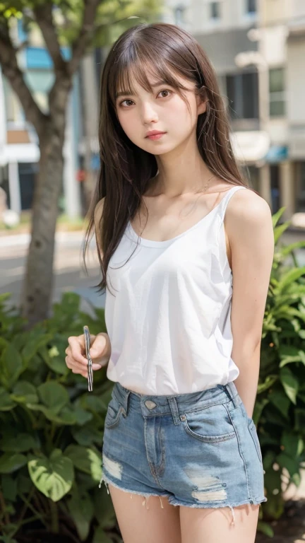 Highest quality, RAW Photos, Realistic, face, Incredibly beautiful girl, cute, Long Hair,garden,White tank top, Denim shorts, リラックスした座りポーズflat, chest, small chest, small,( small bust: 1.2), small bust, (slim, small, flat, small), thin, Delicate and sexy, Sharp clavicle, flatカラーの背景, ((faceのアップ:1.3)), gravure,View your audience, slouch