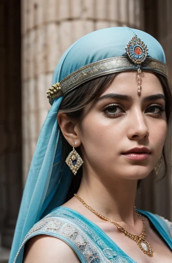 Zenobia、Queen of the 3rd century Palmyra Empire。The Most Distinguished Pious Queen、Septimia=Bato=Bye。Syrian Beauty of the 3rd Century。Queen's costume from the 3rd century、accessories。Intellectual atmosphere、Aura of rulers。mysterious、Charisma。A beautiful woman。Slim body、Small bust。Brunette chignon hairstyle