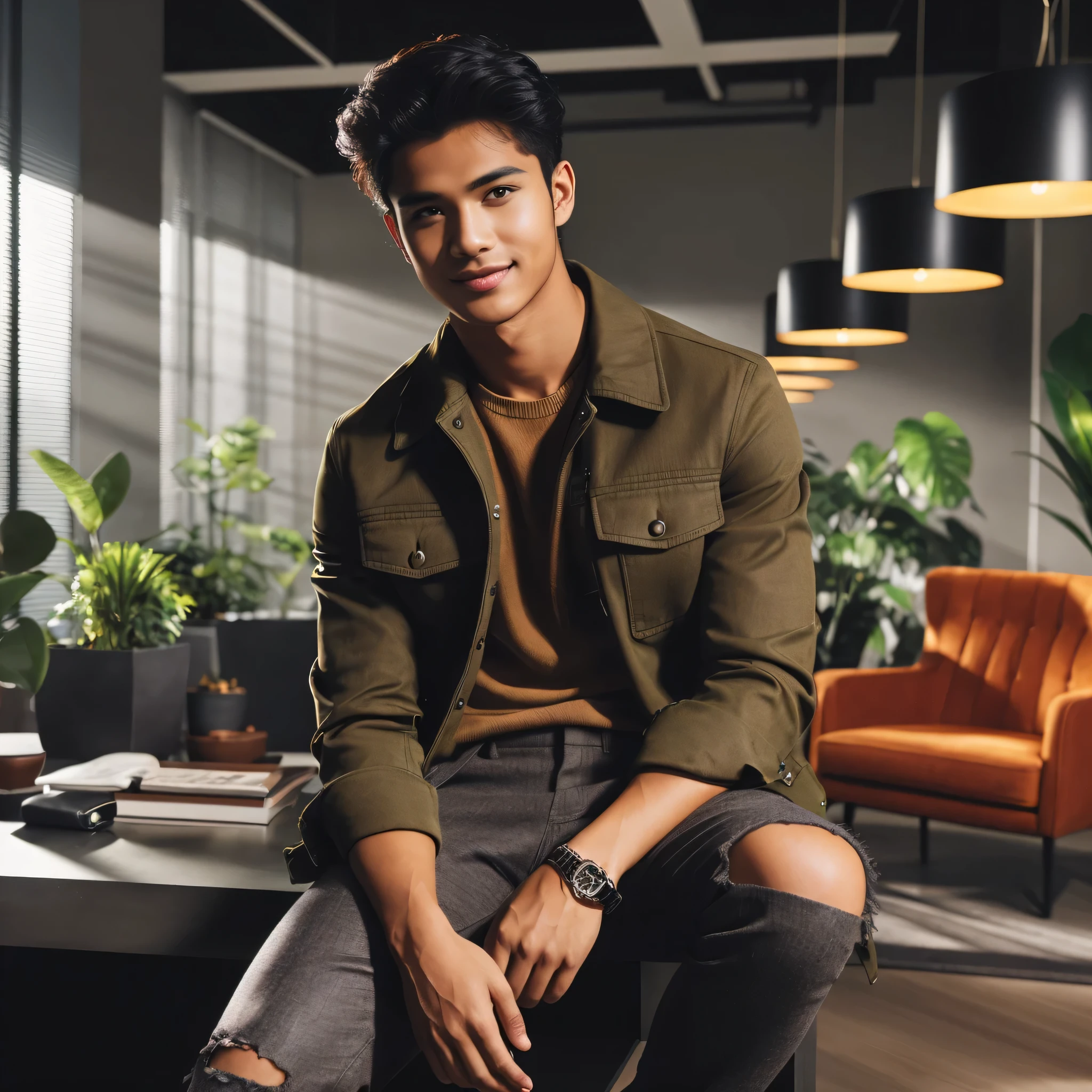 full body professional photography of a young, handsome indonesian man with a charming body and a slight smile, natural makeup, wearing a modern, trendy olive jacket and ripped knee-length pants, posing casually sitting in a luxurious workspace with dramatic lighting, surrounded by plants and modern furniture, ultra-realistic, high definition, with adjusted contrast, saturation, and bright colors, resembling a photo taken with a Sony 7000D camera