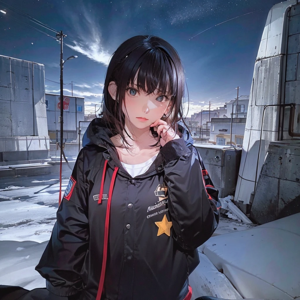 Octane, null, star (null), scenery, starnull, night, One girl, night null, alone, Outdoor, building, cloud, milky way, Sitting, wood, Long Hair, city, silhouette, cityscape