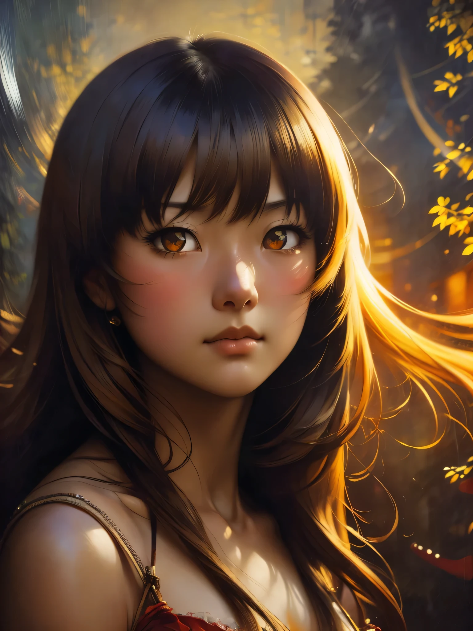 ((Solo Beautiful asian woman with dark skin and striking eyes)),  shadowed interior background, art by akihiko yoshida, manga art style, colorfield illustration, Scary atmosphere, global illumination, by frank frazetta, art by goro fujita, glamour shot, banner, blur, anime key visual, (blue, yellow and grey colors), dramatic photo, anime girl, Intricate details, chiaroscuro, pino daeni, impressionist (best quality, masterpiece)