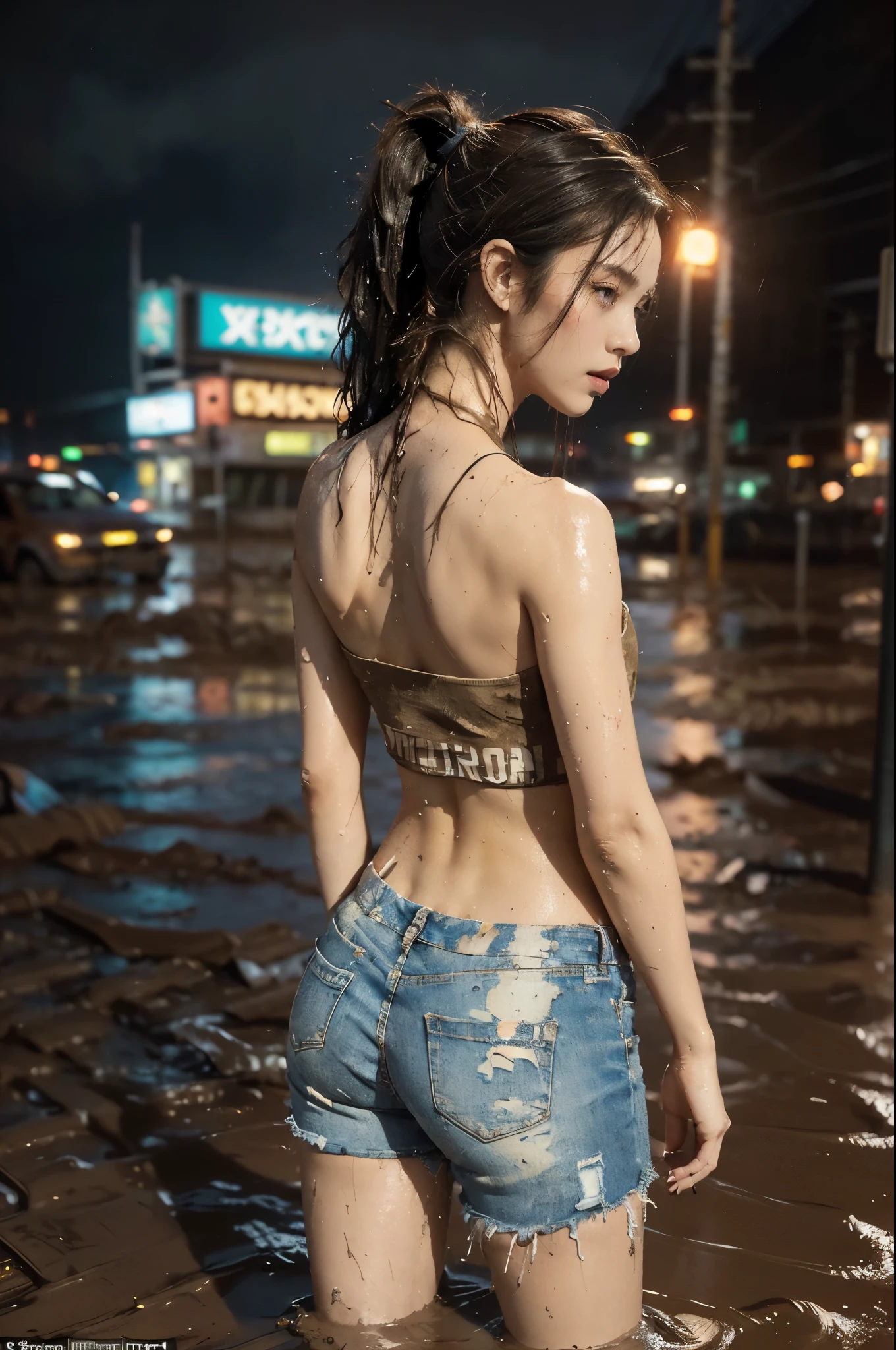 (((best quality))),(((ultra detailed))),(((masterpiece))),illustration,((1 beautiful girl,solo)),(looking at the viewer:1.3),(short ponytail:1.2),(((sweat,wet))),((slim,thin)),((strapless,bare back,towering hips,butt crack)),(torn brown tank top:1.3),(torn brown sports pants:1.3),(standing:1.3),(cyberpunk city:1.3),(body soaked In the mud pit:1.3),(summer:1.2),(downpour:1.2), (mud-covered:1.2), street corner, resilience, fierce determination,vibrant colors,(mud splattered:1.3),city chaos,(muck:1.3),(neon lights:1.2),(muddy flooded street:1.3), towering buildings,(pounding rain:1.3), distressed structures,,(night scene:1.3),((from back,upper body))