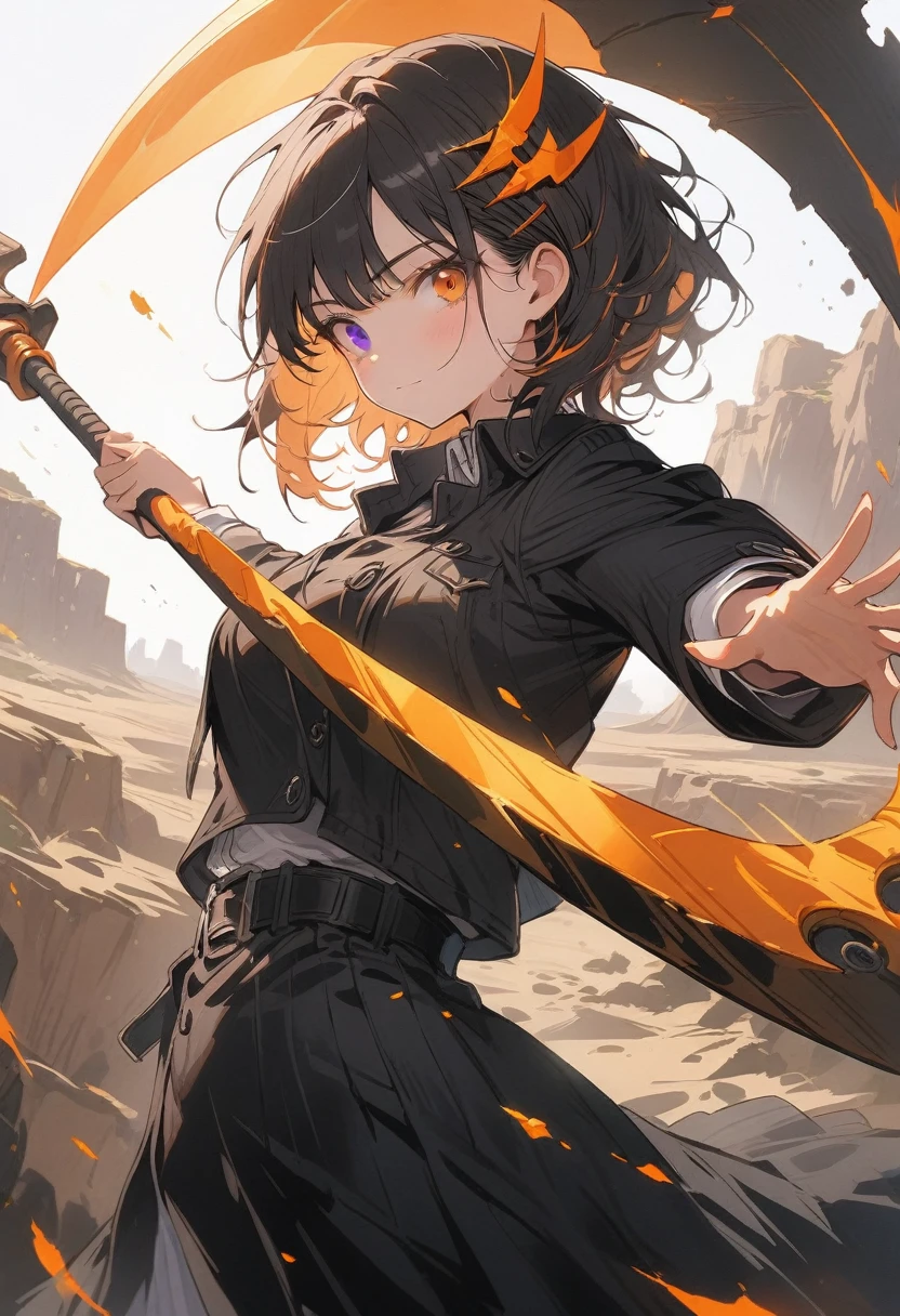 best_quality, hi_res, masterpiece, absurd_res Highly_detailed, 4k, high_detail, detailed_background,, (masterpiece:1.2), best quality,midjourney, 1girl, solo, short hair, black hair, looking at viewer, long sleeves, black suit, (white shirt), bangs, hair ornament, heterochromia, purple and orange eyes, (wasteland desert background), closed mouth, stern_expression, Full body, (standing_on_the_edge_of_a_cliff), (raised_arms), front_view, bright_sky, cliff, ((holding futuristic scythe)), (detailed_face), (detailed_eyes), (long_black_trench_coat), windy, (orange_aura). Leave room at the top or bottom for book title
