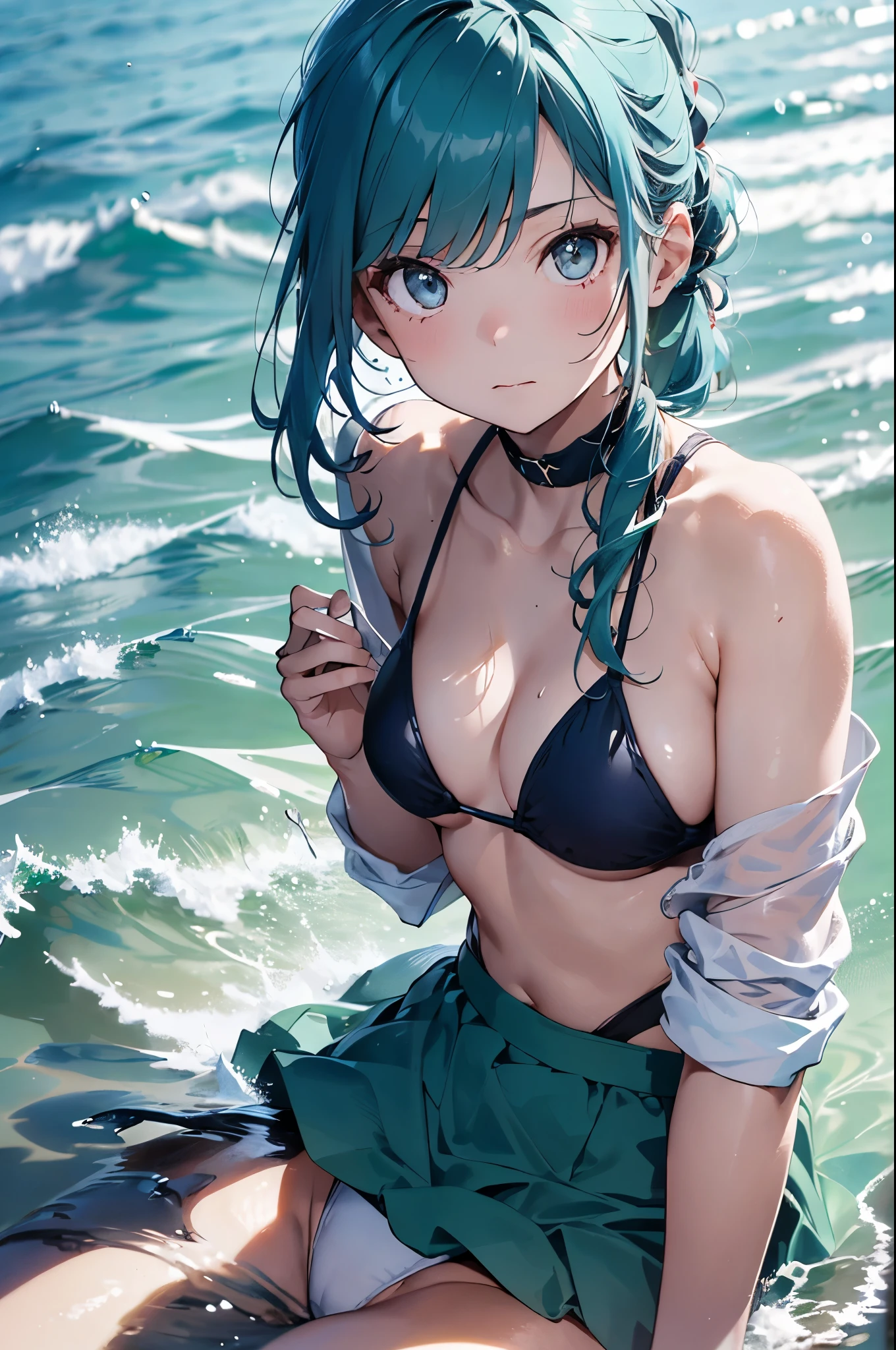 High resolution,topless、
One beautiful young woman,Light blue hair、ponytail、
(Soft Saturation:1.3), (Fair skin:1.2),
(ultra-Detailed Background, Detailed Background), Bokeh,
break'Portrait of a smiling girl.,
When viewed from the front, The composition is symmetrical,
Looking straight at you with serious eyes,
break Swimwear, White Bikini, Center of chest,
Outdoor, Sea surface, null, sunlight,Summer beach, Sandy Beach,
Strong light, Front lighting,
(:1.3), (Cowboy Shot:1.2),
Front brake angle,
View your viewers,
Dynamic pose,
sitting on the beach
Seaweed、Seaweed、Seaweed、Seaweed、Seaweed、Seaweed、Seaweed、