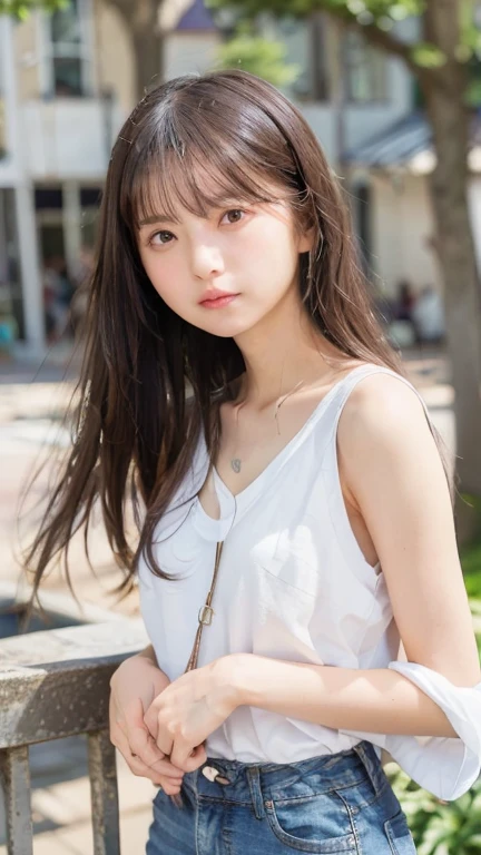 Highest quality, RAW Photos, Realistic, face, Incredibly beautiful girl, cute, Long Hair，garden，White tank top, Denim shorts, chest, small chest, small,( small bust: 1.2), small bust, (slim, small, flat, small), thin, Delicate and sexy, Sharp clavicle, flatカラーの背景, ((faceのアップ:1.3)), gravure,View your audience, slouch