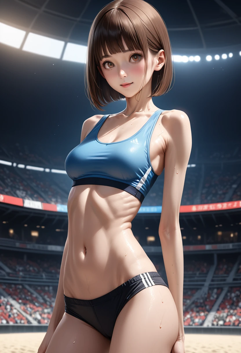 (masterpiece,Highest quality:1.3,best quality illustration),realistic,cowboy shot,1woman,20 year old Japanese beauty,very small head,(short bob brown hair),bangs,brown eyes,gorgeous eyes,blush,smile,medium breasts,((very long body:1.3)),((toned body,slender body,skinny:1.3)),(Sports Bra、navel、Sports shorts),gleaming skin,shiny skin,(sweat:1.3),standing,Arena, beach, kneeling