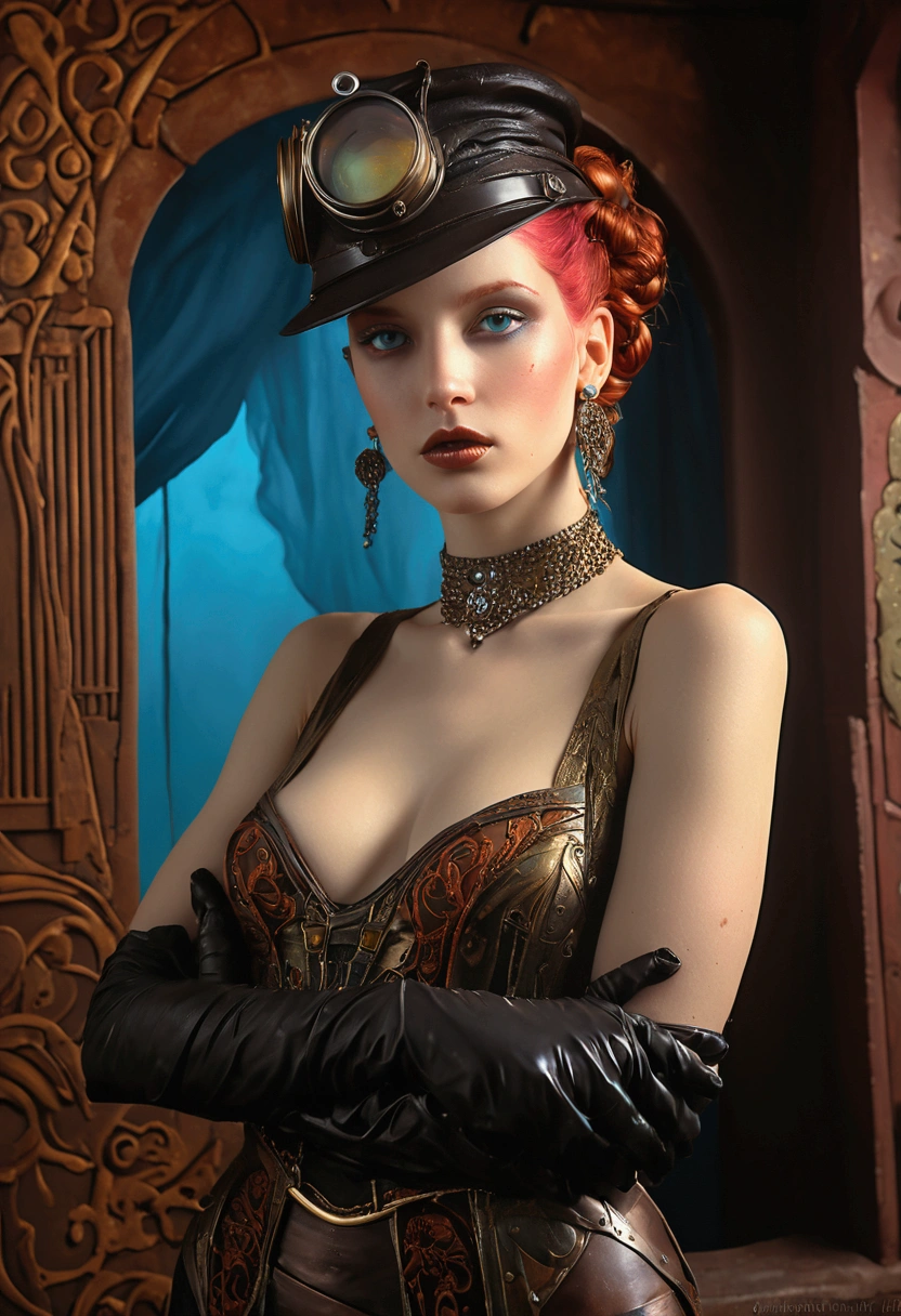 Provocative sexy woman as main subject. castle as background.Gorgeous, beautiful, multicolored hair, blue eyes, excentic, Ben Bauchau, Michael Garmash, Daniel F Gerhartz, Clint Cearley, Carne Griffiths, Jean Baptiste Monge, strybk style, warm dreamy lighting, matte background, volumetric lighting, pulp adventure style, fluid acrylic, dynamic gradients, bold color, illustration, highly detailed, simple, smooth and clean vector curves, vector art, smooth, johan grenier, character design, 3d shadowing, fanbox, cinematic, ornate motifs, elegant organic framing, hyperrealism, posterized, masterpiece collection, bright lush colors, TXAA, penumbra, alcohol paint, wet gouache, ultrarealistic, film grain, surreal, moody, ethereal fantasy, amazing depth, cinematic film still, sharp focus, (James Christensen),bohemian,Boho gypsy, Gustav Klimt, (Anne Bachelier:1.2), (Lillian Bassman, Erwin Blumenfeld),shabby chic,, 1920s retrofuturism, industrial, art deco, coherent, (Dieselpunk:1.3)
