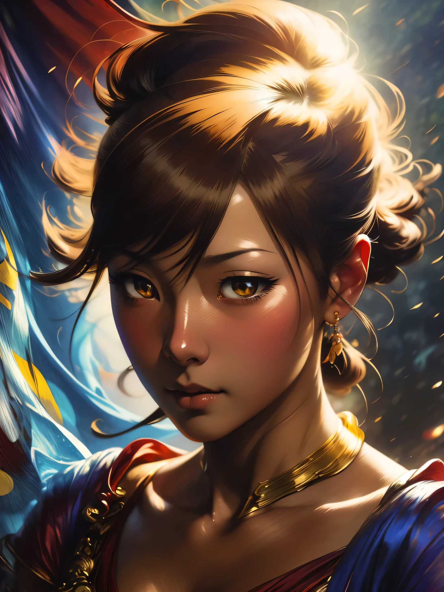 ((Solo Beautiful asian woman with dark skin and striking eyes)), shadowed interior background, art by akihiko yoshida, manga art style, colorfield illustration, Scary atmosphere, global illumination, by frank frazetta, art by goro fujita, glamour shot, banner, blur, anime key visual, (blue, yellow and grey colors), dramatic photo, anime girl, Intricate details, chiaroscuro, pino daeni, impressionist (best quality, masterpiece)