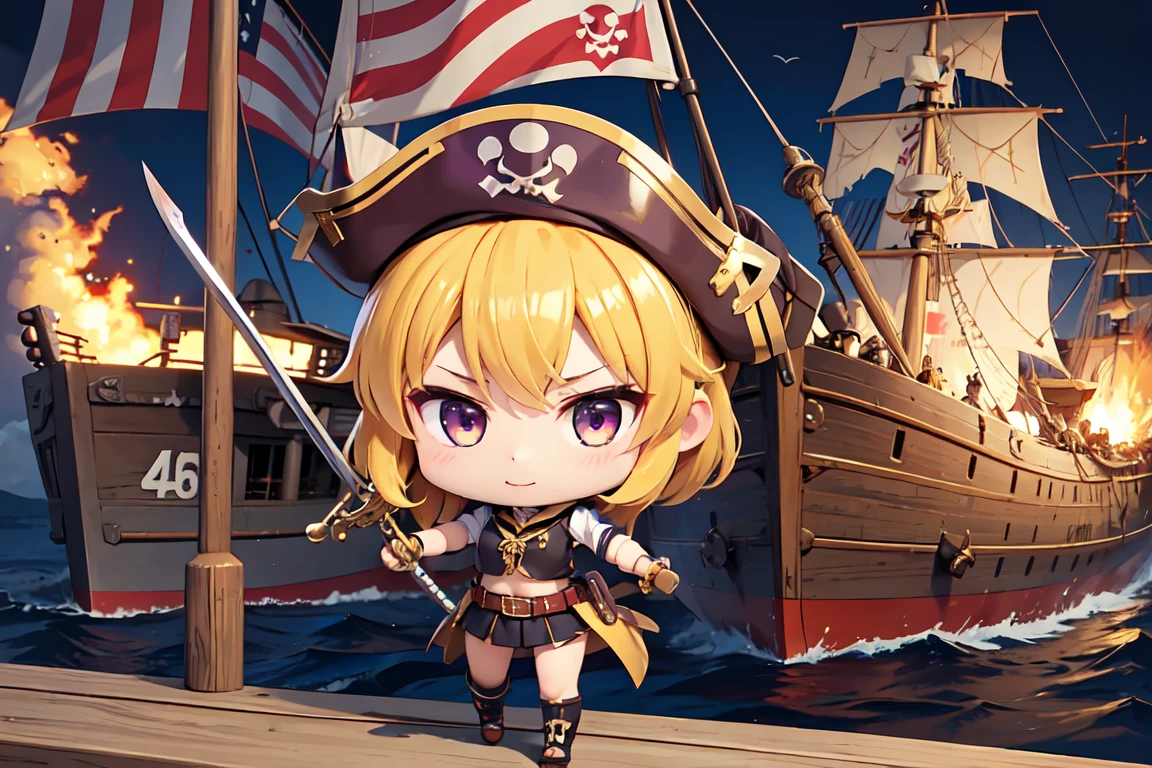 (1 Female), (Pirate with sword), Pirate War, Pirate Flag, Broken ship, fierce fighting, Ship deck, inflammation, cigarette, Brave Leader, anchor, spark, Artillery fire, chibi
