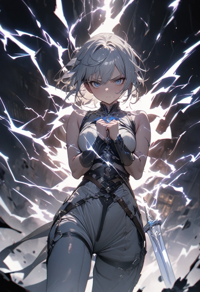 masterpiece, 8k, best quality, highly detailed, a human male wielding white steel daggers covered in lightning in both hands