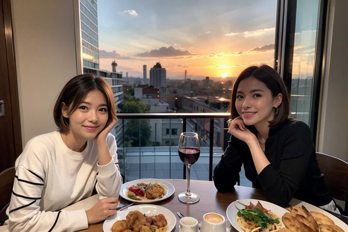 （Realistic:1.1）,(masterpiece,Highest quality)，8k,(56 years old), 53 years old, ベリーslimボディ、slimカップル、Tight waist,Upper Body,full-course dinner、wine 、Amazing view of the sunset sky and clouds、Perfect Anatomy, Brown Hair, short hair,Random Hairstyles,((Highly detailed face and eyes:1.2))，Perfect golden ratio face，Long sleeve shirt、dress,(smile:1.2)、Shortcuts、cute、(Realistic, Intricate details:1.2), A bright smile、short hair,Bright Face、赤wine 、Appetizers、Italian food、wine bottle、Champagne、スパークリングwine、(slimな顔), (The body is slim), (Brown Hair), (Shortcuts),  Upper Body, 白wine, slim, wineグラス, 