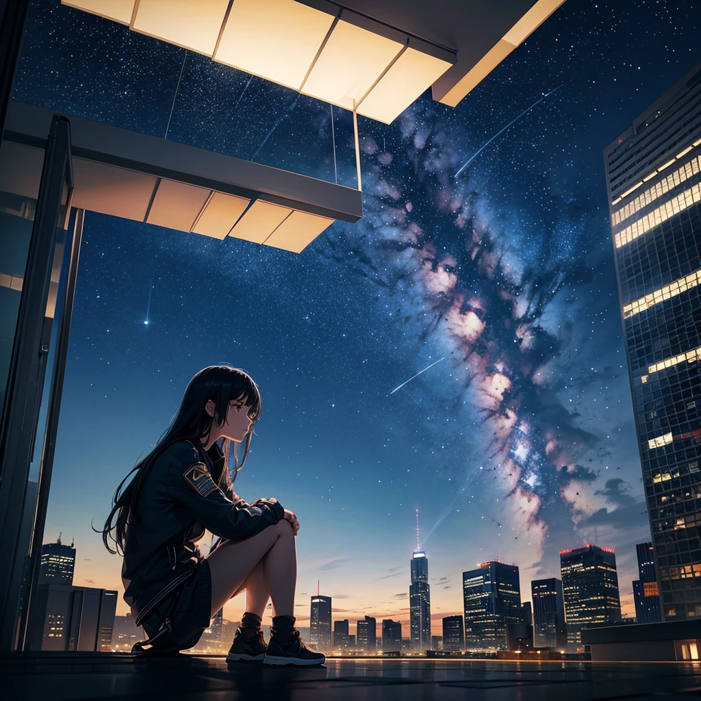 Octane, null, star (null), scenery, starry null, night, One girl, night null, alone, Outdoor, building, cloud, milky way, Sitting, wood, Long Hair, city, silhouette, cityscape