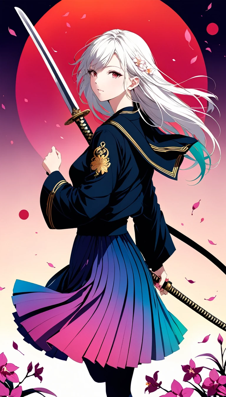 Benedict Barna (Benedict Barna) style,, 1 girl, Black sailor suit pleated skirt, (Blurred foreground), orchid, Long white hair fluttering in the wind, (((Background blur))), Red sphere background, Everlasting, Japanese sword, Holding a Japanese sword, (Eyes covered by orchids),Colorful, (Diffuse gradient color:1.5), Hold the hilt and scabbard with both hands, illustration
