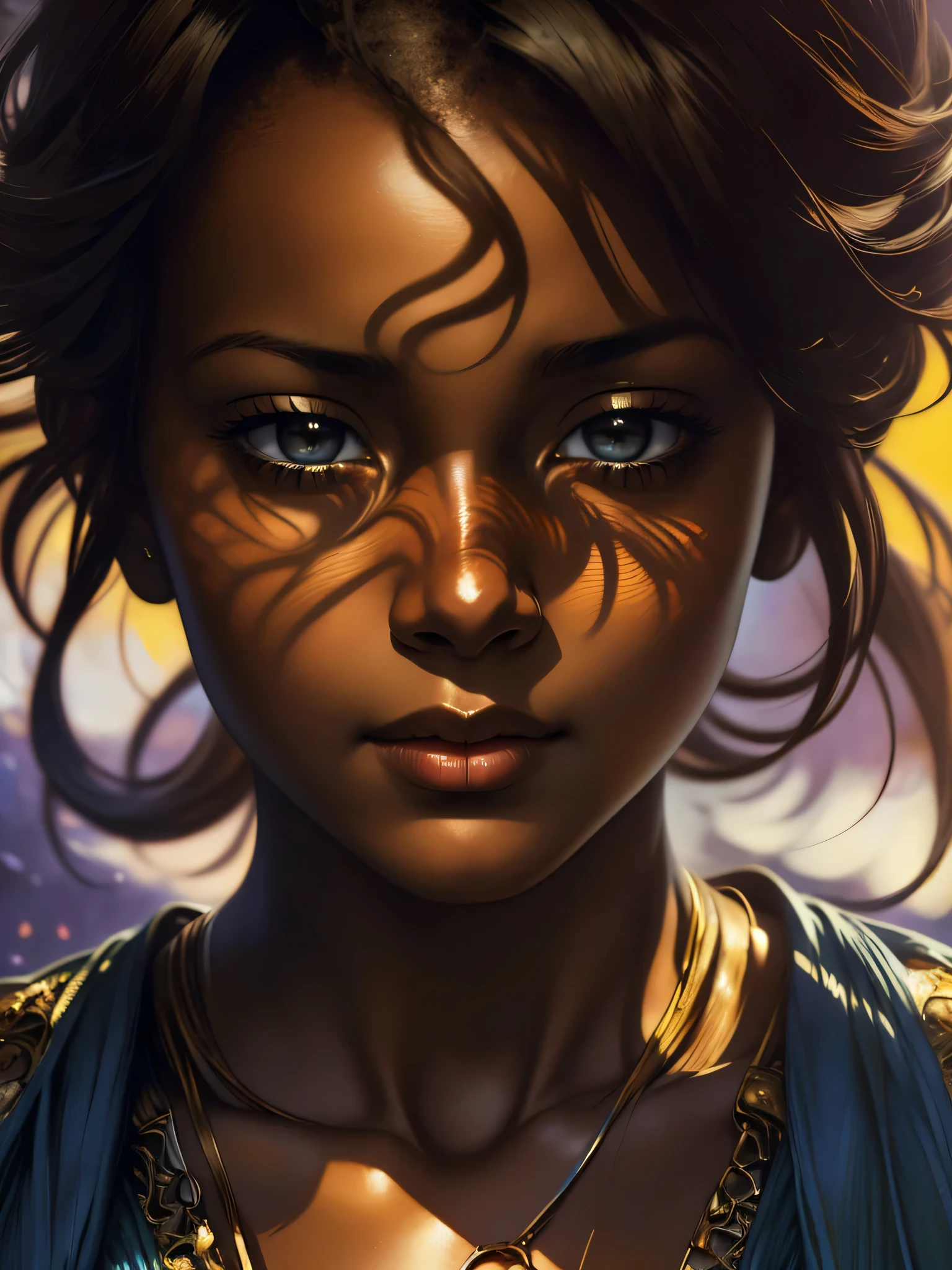 ((Solo Beautiful African woman with dark skin and striking eyes)), shadowed interior background, art by akihiko yoshida, manga art style, colorfield illustration, Scary atmosphere, global illumination, by frank frazetta, art by goro fujita, glamour shot, banner, blur, anime key visual, (blue, yellow and grey colors), dramatic photo, anime girl, Intricate details, chiaroscuro, pino daeni, impressionist (best quality, masterpiece)