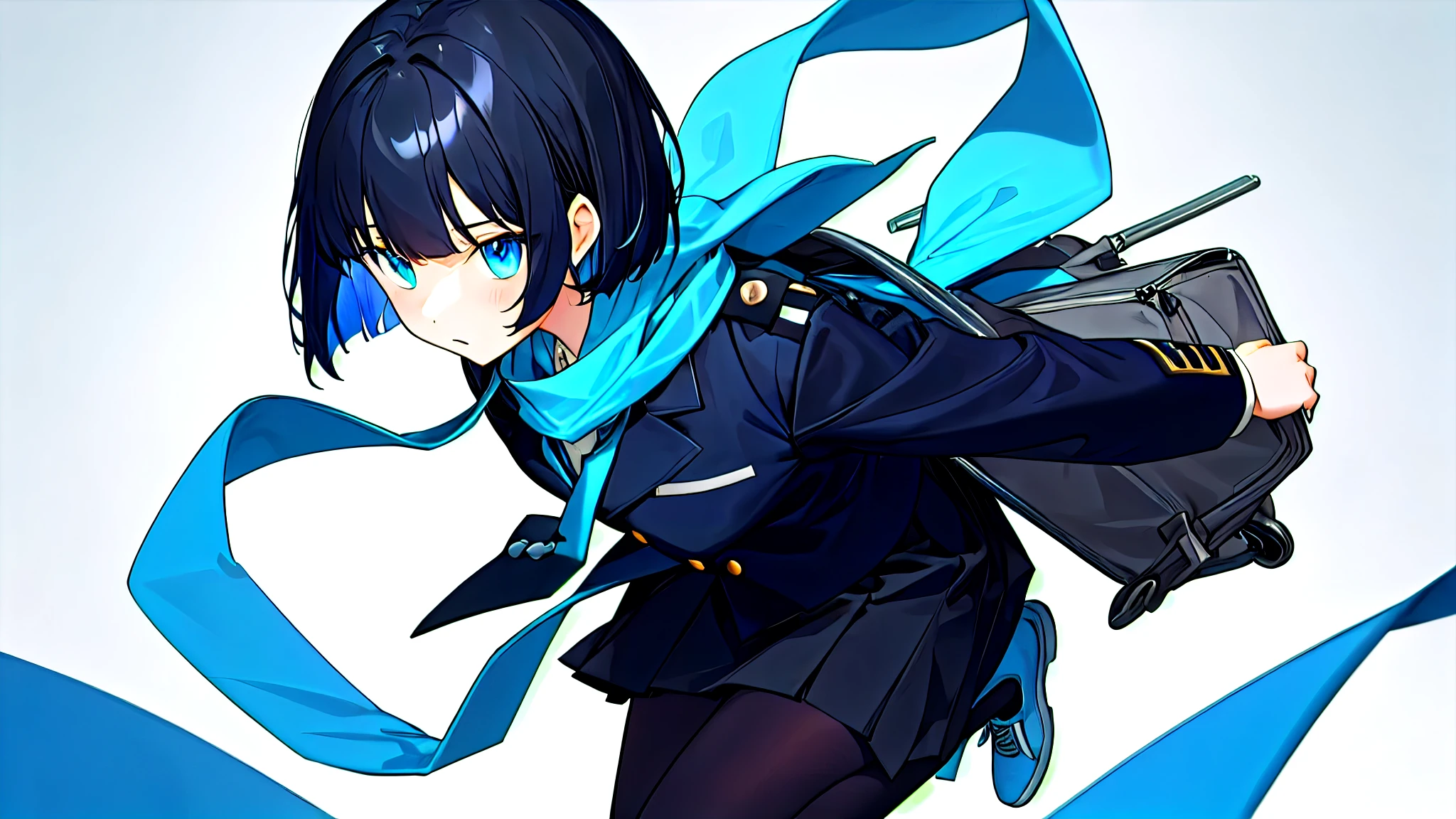 Navy blue uniform、Black Skirt、Blue tie、Light blue scarf、Light blue tights、He is wearing a black jacket with blue fasteners、white and light blue shoes、She is carrying a large black bag on her shoulder.、Bob Hair、Eyes are blue and black gradation、High school girl、Black Hair
