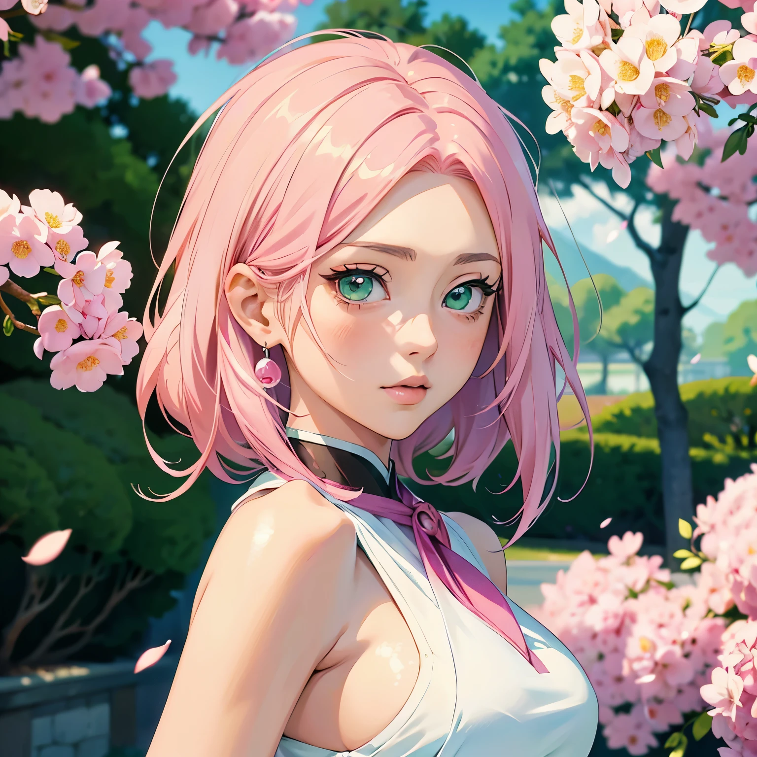 Anime girl with pink hair and green eyes posing for a photo, Haruno Sakura, best anime 4k konachan wallpaper, seductive anime girl, Marine Kitagawa Fanart, sakura petals around her, splash art anime , anime style 4k, anime Mo artstyle, high quality anime style, detailed anime images, anime wallpaper, Best Anime Girl