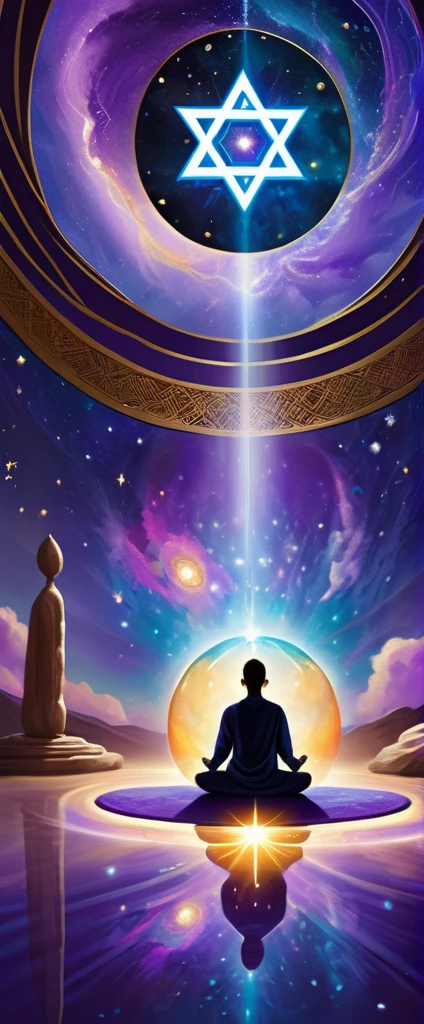 Create an image featuring the Star of David with a person meditating in the center, set in a serene cosmic atmosphere. Surround the star with vibrant, radiant energy that emanates in colors such as gold, purple, and blue, symbolizing higher vibrations. Incorporate elements like beams of light or floating spheres to convey spiritual guidance and a connection with the universe. The overall ambiance should evoke feelings of tranquility, balance, and transcendence from the earthly realm.