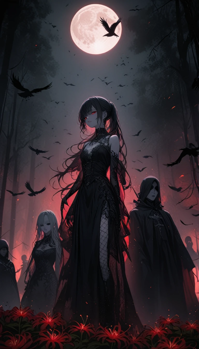 （Dark and scary atmosphere,Gothic Fashion,Dark colors）,（Highest quality，Super exquisite item）,Very sexy vampire girl,Sisters separated by years,A large number of red spider lilies in full bloom on a red full moon night,Beautiful and delicate eyes,Beautiful black straight ponytail,Crow's feathers,Red lipstick,A mysterious and seductive smile,Pale skin,Fishnet tights,black and white lace dress,The moonlight illuminates her silhouette,shadows and highlights,Create a calm and lively atmosphere,Lighting effects to make her look beautiful,A fantastic background created by darkness and moonlight,She is a tall girl who looks like an adult.,A crow is flying,Crow's feathersが舞う,Are standing,Deep foggy forest behind,（Courtesy）,((The shadows of several hanged bodies in the forest behind)),A flock of crows swarming around a corpse