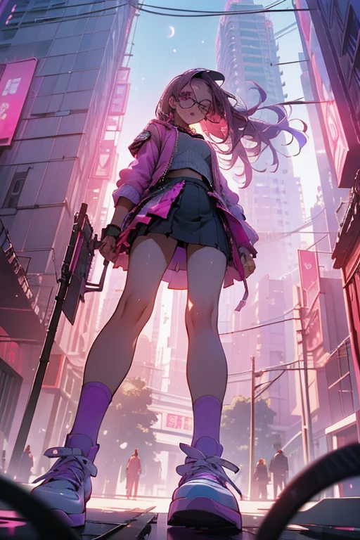 Shooting from below, break, Dystopian city with pink and purple neon signs and holograms projected on buildings and in the sky, break, Beautiful slim figure, lipstick, Purple glasses, Long Red Hair, Twin Blade, Short skirt, break, night, Cyberpunk aesthetic, 非常にdetailedな照明, dramatic, 8k, High definition, Skin Texture, リアルなSkin Texture, armor, Highest quality, 超High resolution, Photorealistic, High resolution, detailed, RAW Photos, break, Realistic anatomy, goddess, g string, Knee socks, Full Body Shot, Feet close-up, Worst camera angle, 4K