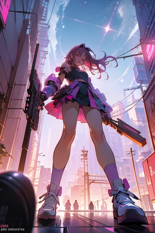 Shooting from below, break, Dystopian city with pink and purple neon signs and holograms projected on buildings and in the sky, break, Beautiful slim figure, lipstick, Purple glasses, Long Red Hair, Twin Blade, Short skirt, break, night, Cyberpunk aesthetic, 非常にdetailedな照明, dramatic, 8k, High definition, Skin Texture, リアルなSkin Texture, armor, Highest quality, 超High resolution, Photorealistic, High resolution, detailed, RAW Photos, break, Realistic anatomy, goddess, g string, Knee socks, Full Body Shot, Feet close-up, Worst camera angle, 4K