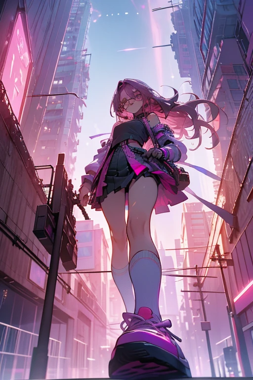 Shooting from below, break, Dystopian city with pink and purple neon signs and holograms projected on buildings and in the sky, break, Beautiful slim figure, lipstick, Purple glasses, Long Red Hair, Twin Blade, Short skirt, break, night, Cyberpunk aesthetic, 非常にdetailedな照明, dramatic, 8k, High definition, Skin Texture, リアルなSkin Texture, armor, Highest quality, 超High resolution, Photorealistic, High resolution, detailed, RAW Photos, break, Realistic anatomy, goddess, g string, Knee socks, Full Body Shot, Feet close-up, Worst camera angle, 4K