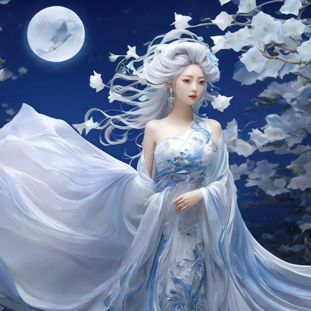 best quality,masterpiece,Ultra-high resolution,(photoactual:1.4),moonflower bush（background）,20 years old ,Moonlight Flower Goddess（Japanese Girls）,long white hair,crescent shaped eyes,Sexy body,,Wearing a moonflower dress,